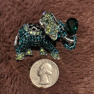Silvertone Green, Blue & Black Crystal Elephant Brooch & Pendant